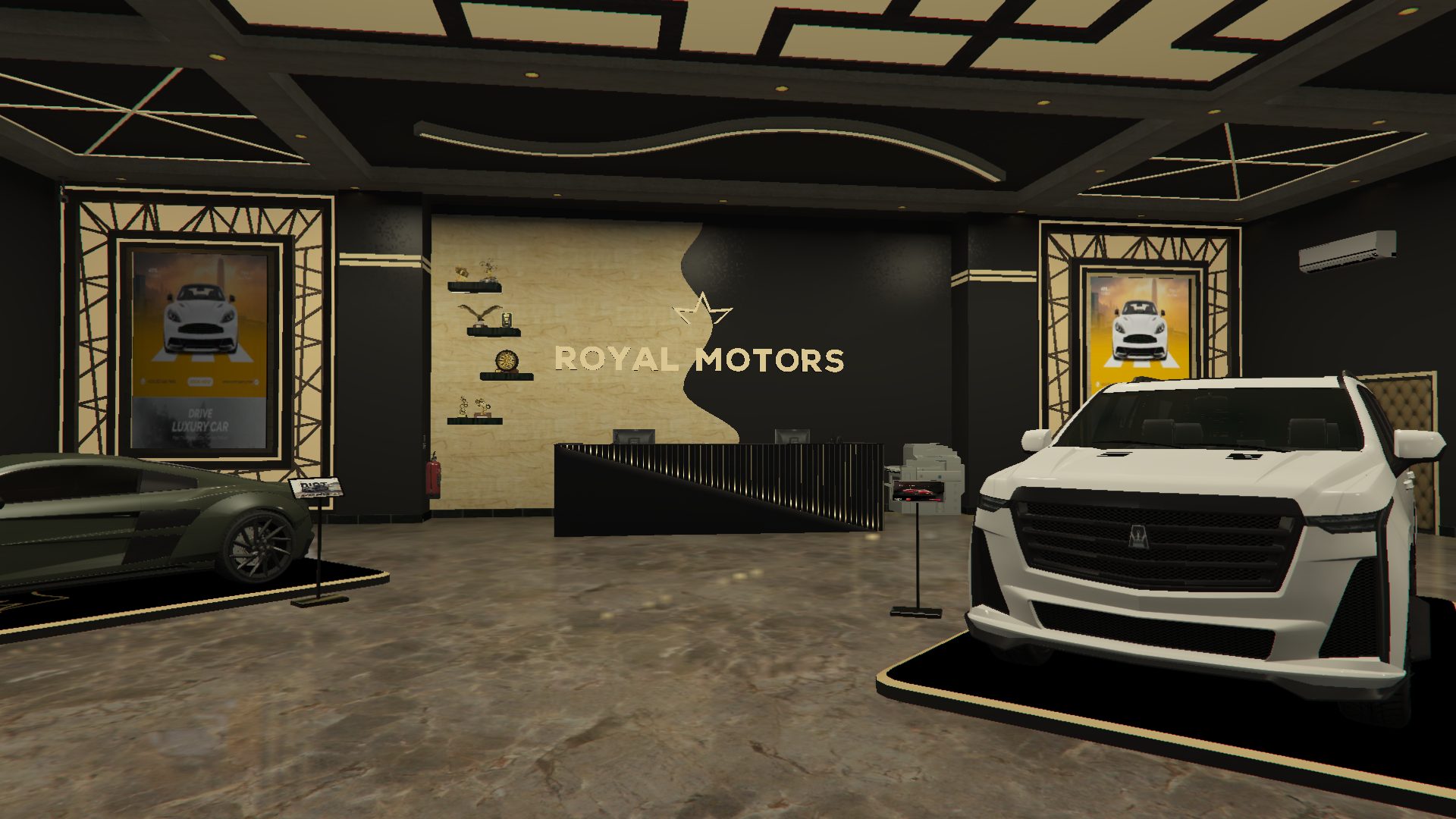 Close-up of a car on the Royal Motors showroom floor