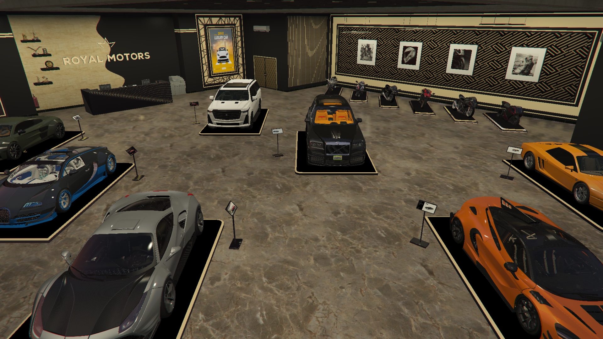 Royal Motors dealership showroom floor with cars on display